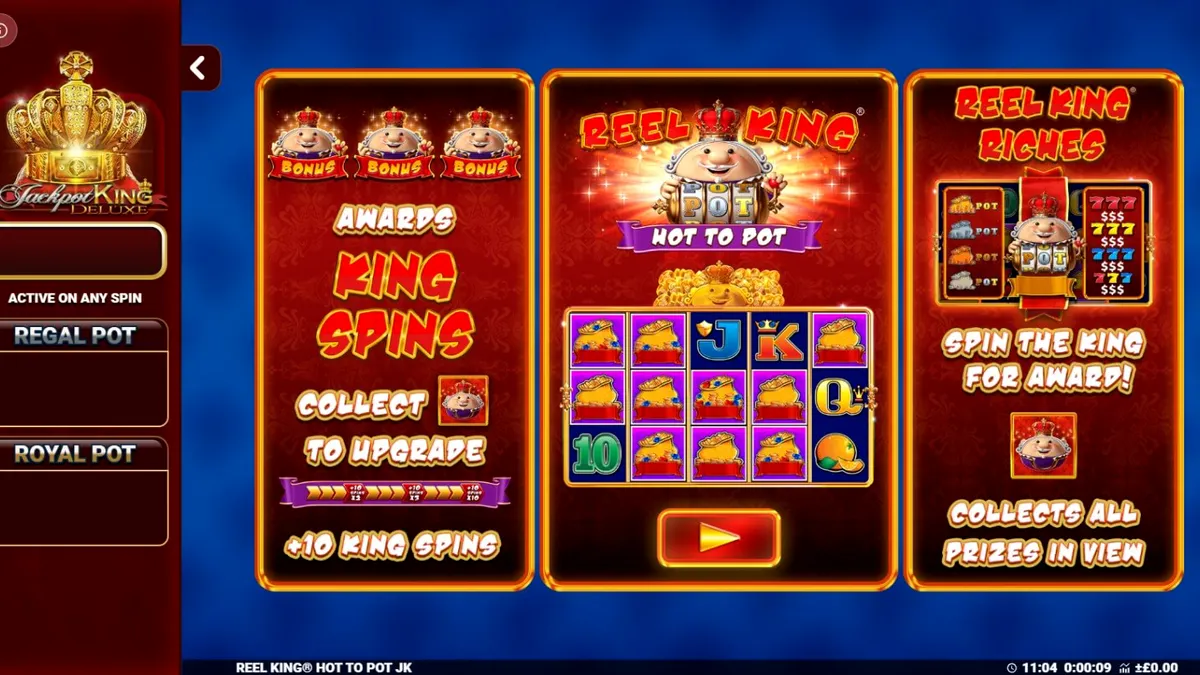 Tampilan visual slot Reel King Hot to Pot dengan nuansa emas dan buah-buahan klasik